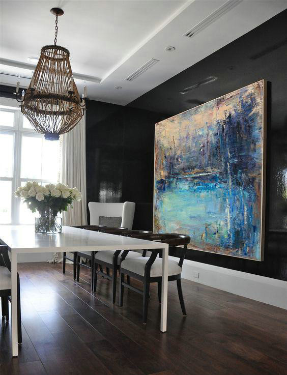 Abstract Painting Extra Large Canvas Art,Horizontal Abstract Landscape Oil Painting On Canvas,Giant Canvas Wall Art,Yellow,Dark Blue,Brown.etc